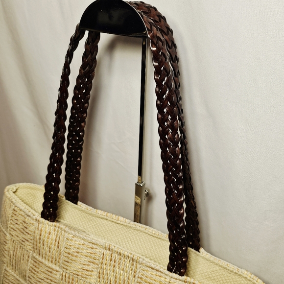 NWT Vintage Warren Reed Cream Fabric/Gold Straw Basketweave Design Shoulder Bag - Picture 3 of 10